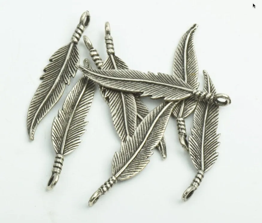 100 Feather Charms, 38mm", 3D, Vintage Silver, Made in USA, Pack of 100