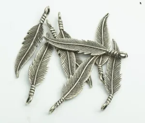 100 Feather Charms, 38mm", 3D, Vintage Silver, Made in USA, Pack of 100