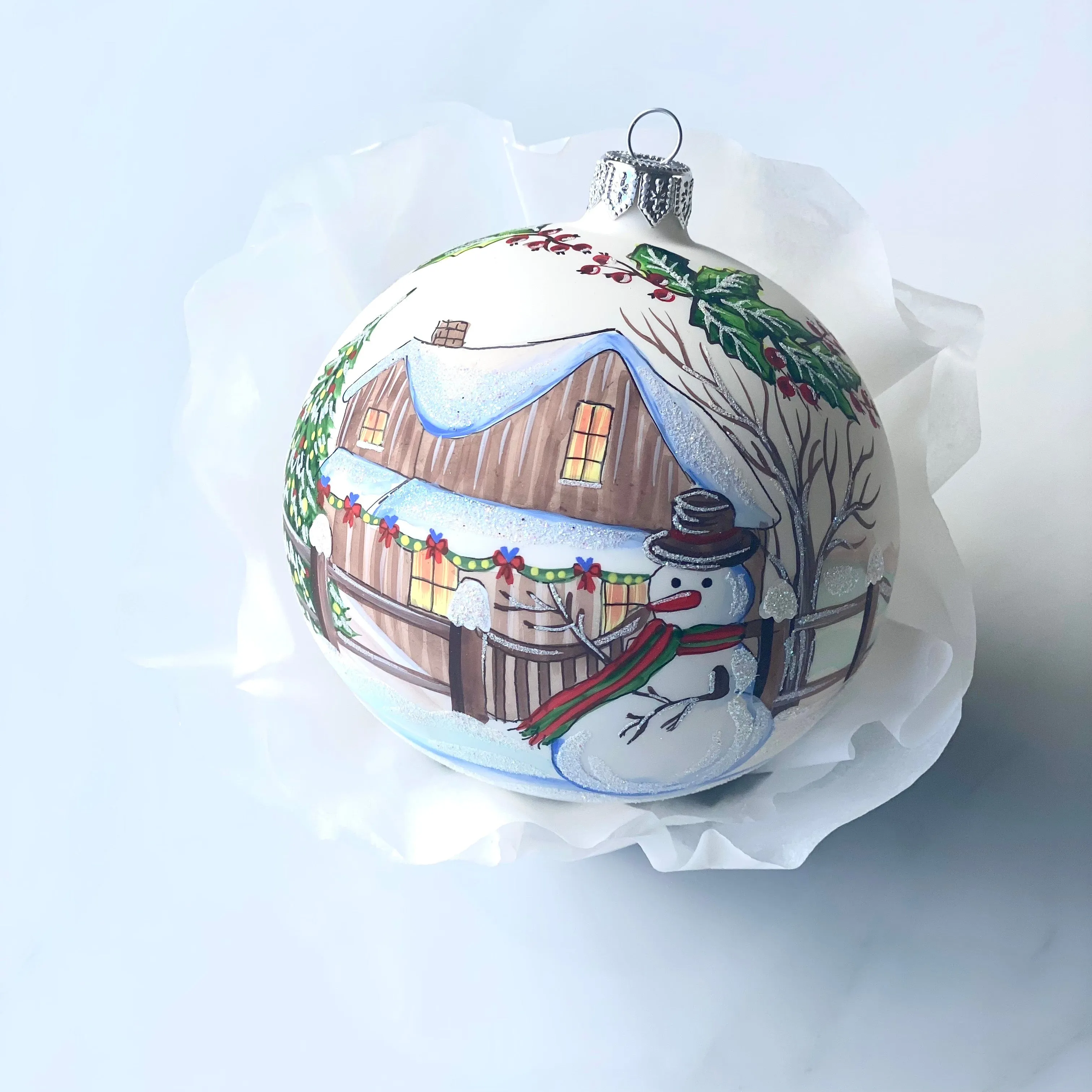 100mm Snowman in front yard hand painted bauble