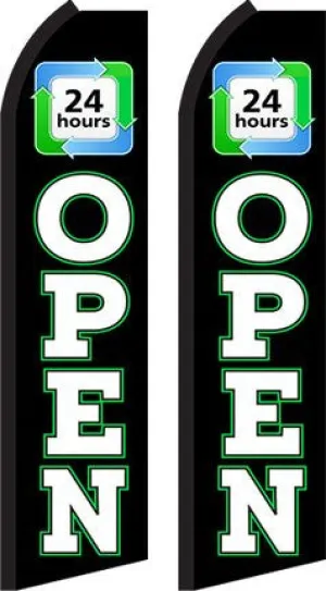 24 Hours Open Two (2) Swooper Feather Flag Complete Sets With Pole And Ground Spike