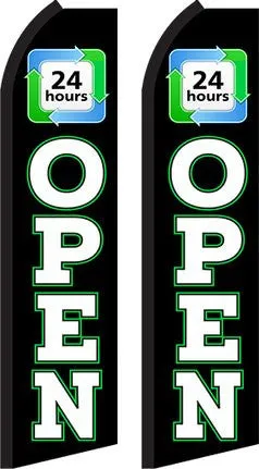 24 Hours Open Two (2) Swooper Feather Flag Complete Sets With Pole And Ground Spike