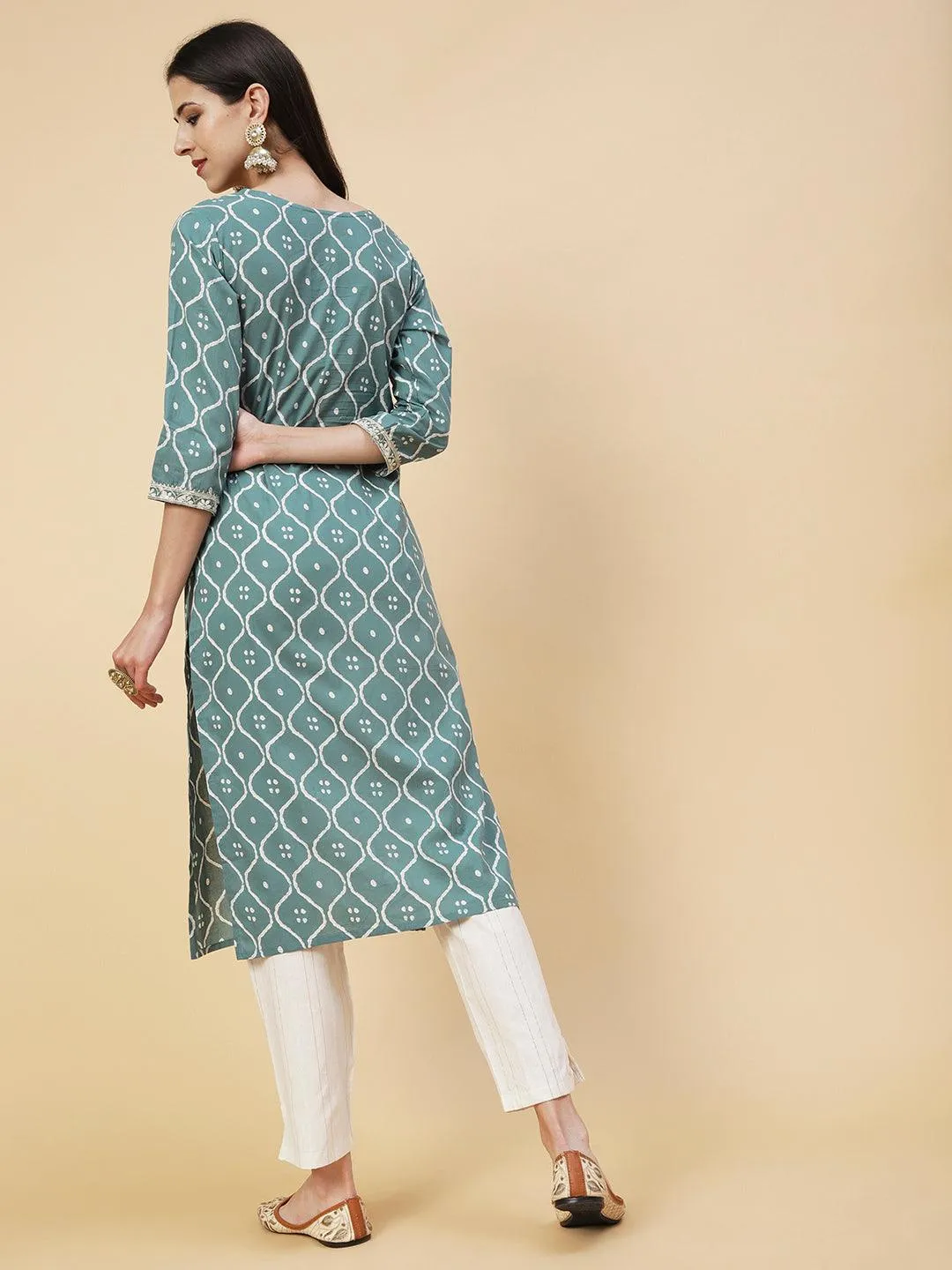 Abstract Printed Resham Dori & Zari Embroidered Kurta With Striped Pants - Green