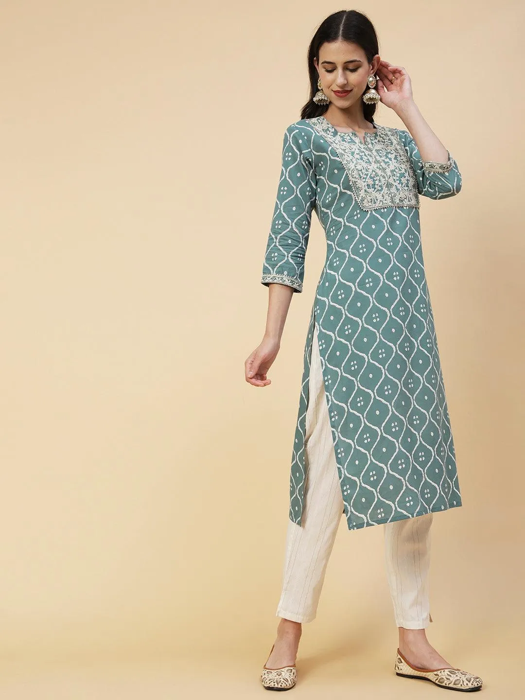 Abstract Printed Resham Dori & Zari Embroidered Kurta With Striped Pants - Green