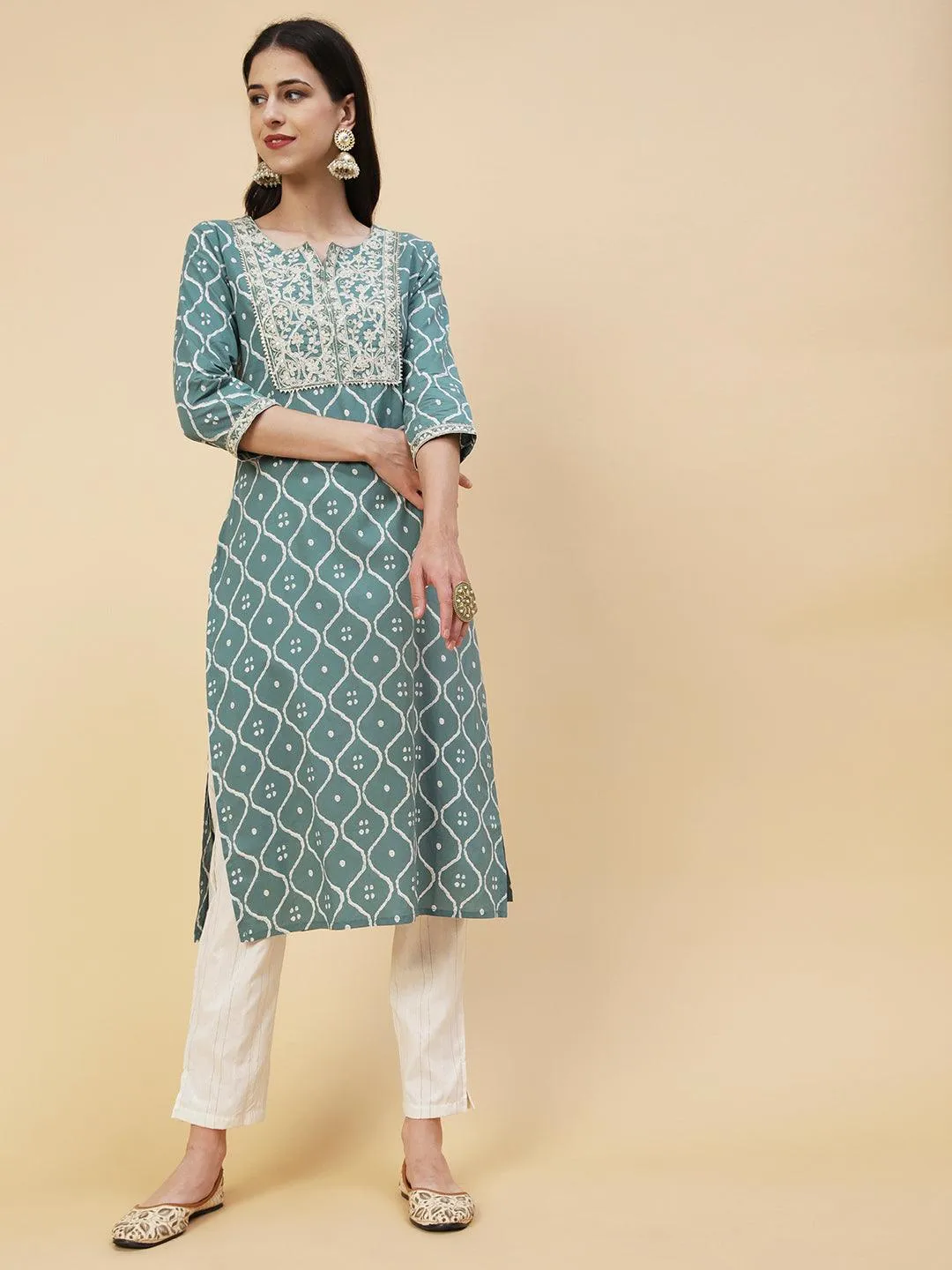 Abstract Printed Resham Dori & Zari Embroidered Kurta With Striped Pants - Green