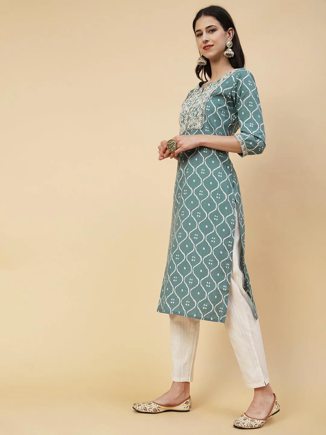 Abstract Printed Resham Dori & Zari Embroidered Kurta With Striped Pants - Green