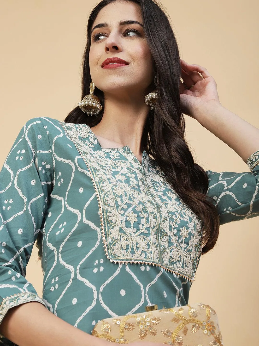 Abstract Printed Resham Dori & Zari Embroidered Kurta With Striped Pants - Green