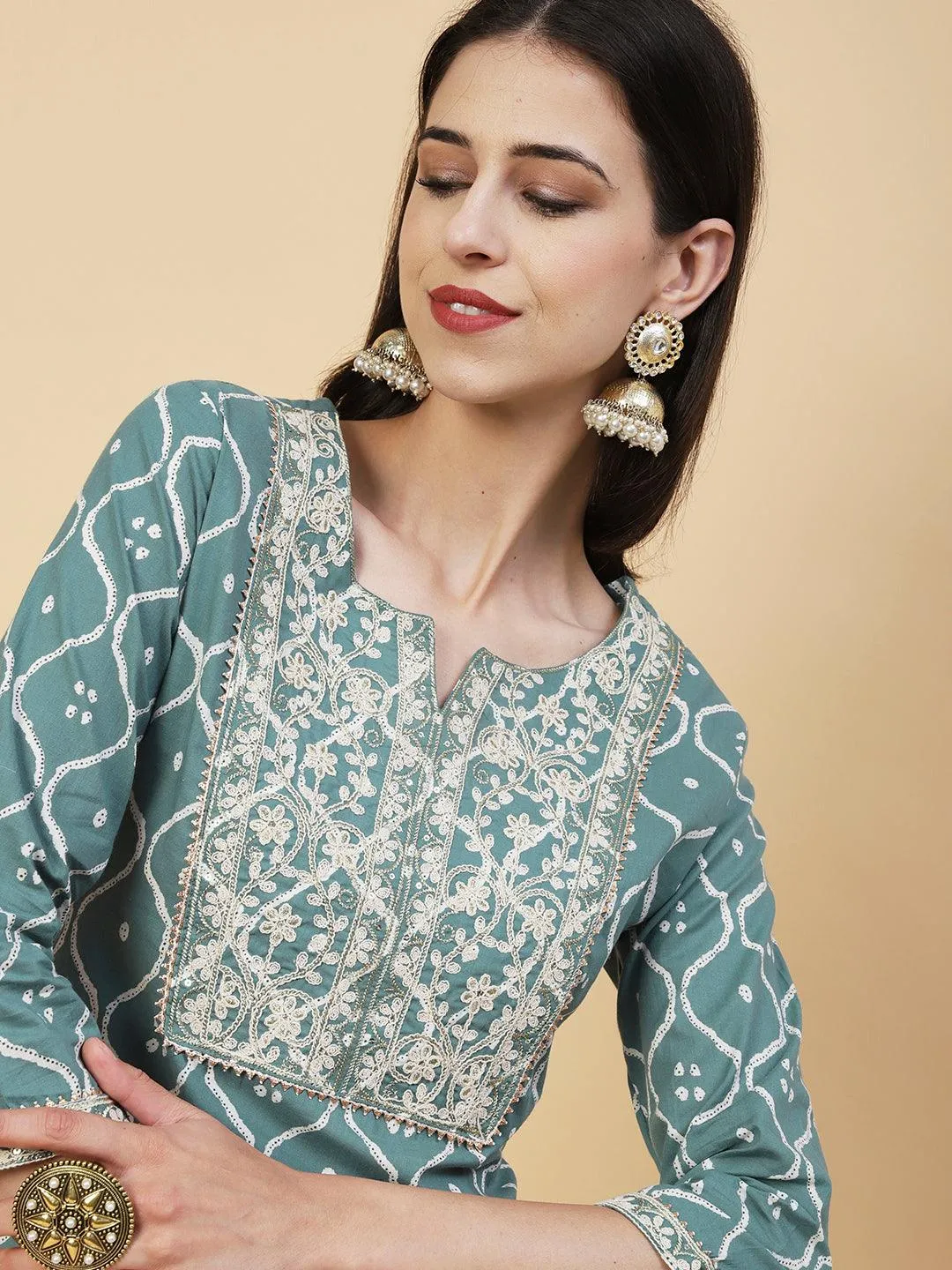 Abstract Printed Resham Dori & Zari Embroidered Kurta With Striped Pants - Green