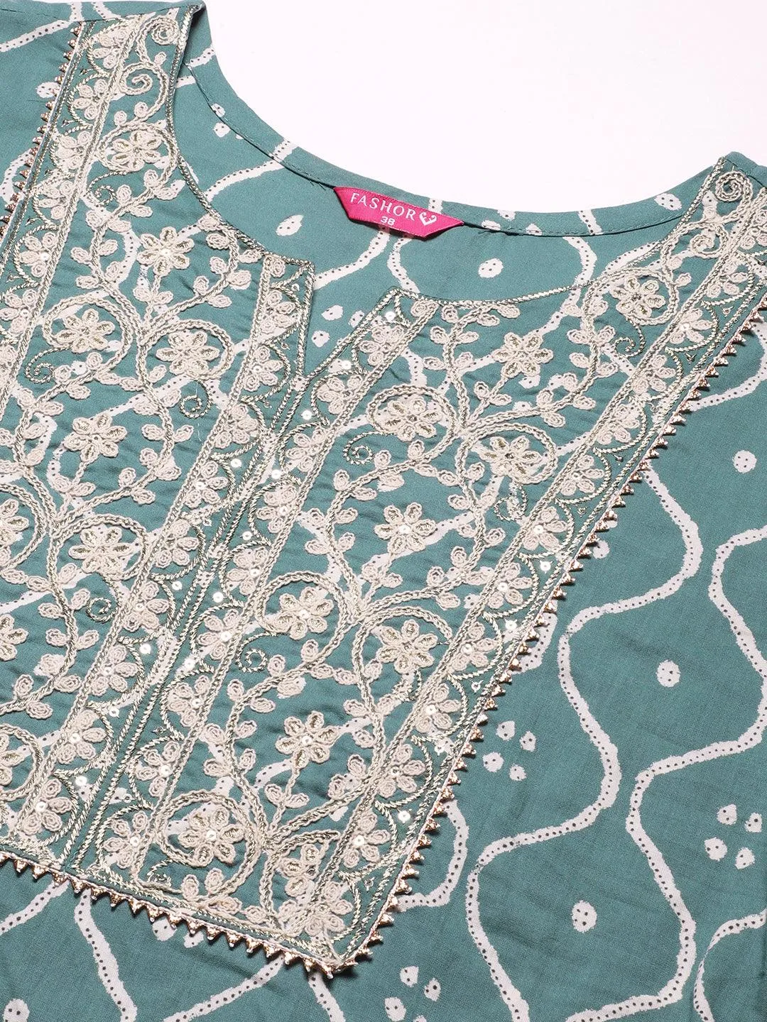 Abstract Printed Resham Dori & Zari Embroidered Kurta With Striped Pants - Green