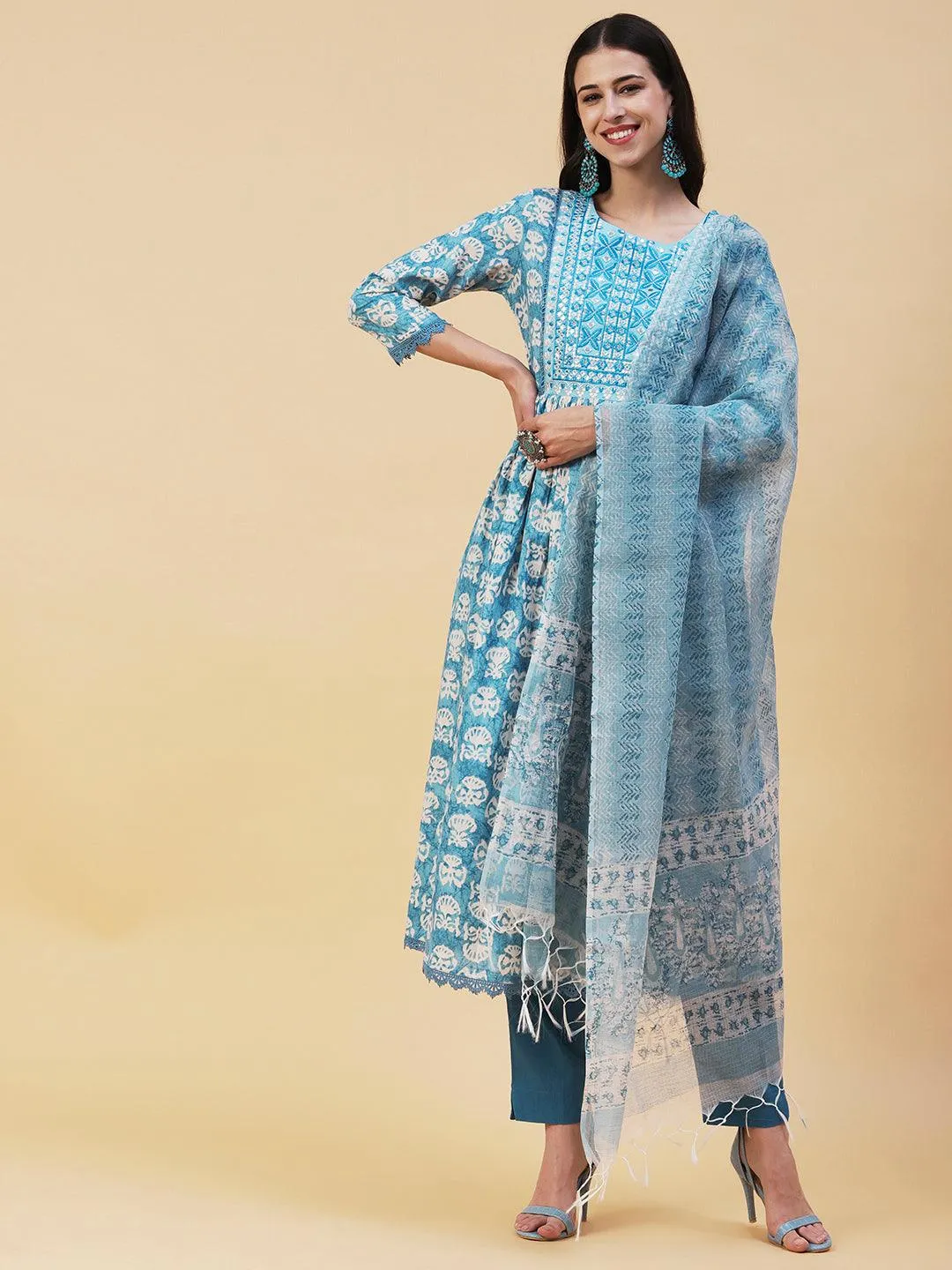 Abstract Printed Resham Embroidered High Slit Kurta With Pants & Printed Dupatta - Blue
