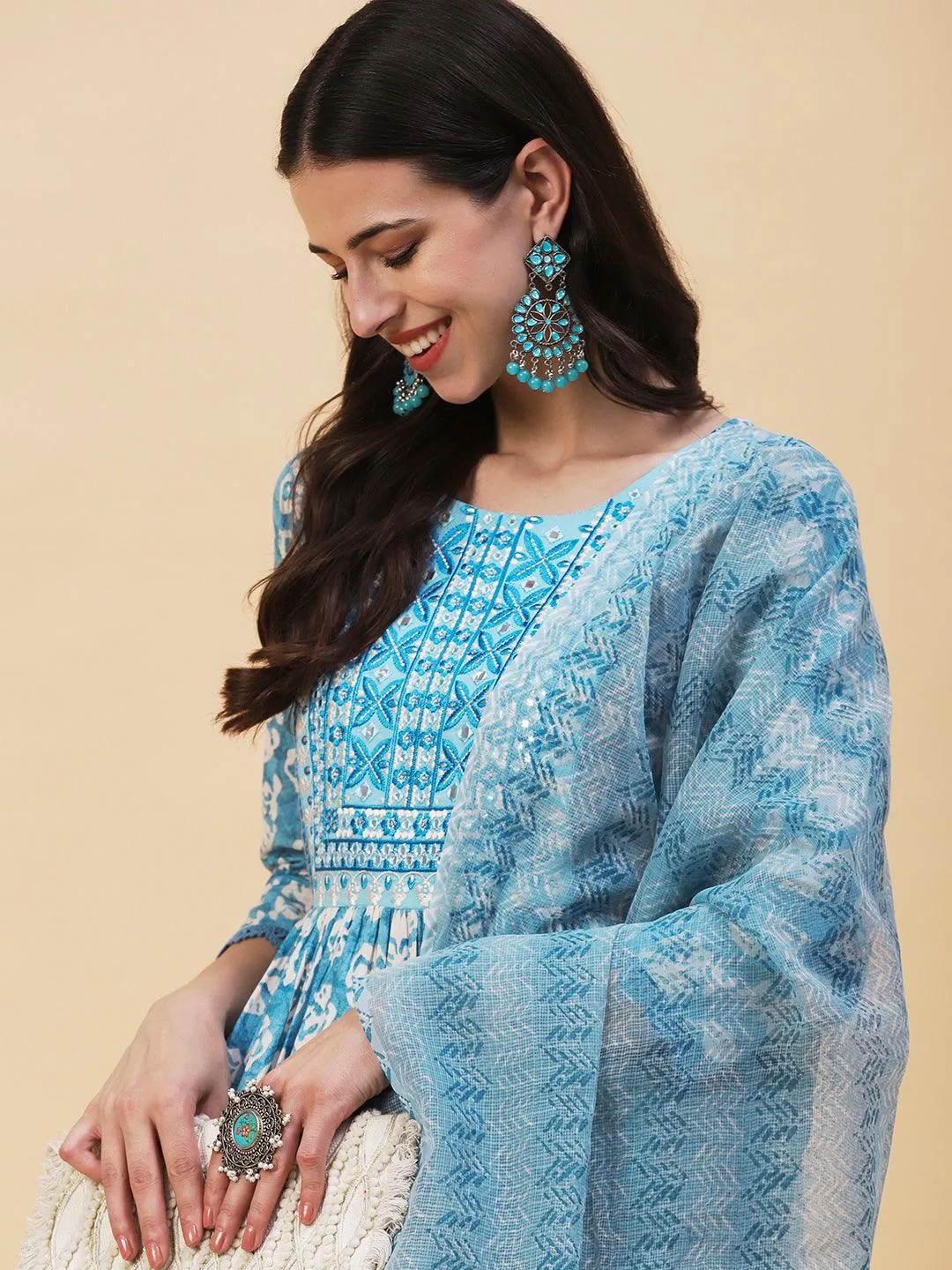 Abstract Printed Resham Embroidered High Slit Kurta With Pants & Printed Dupatta - Blue