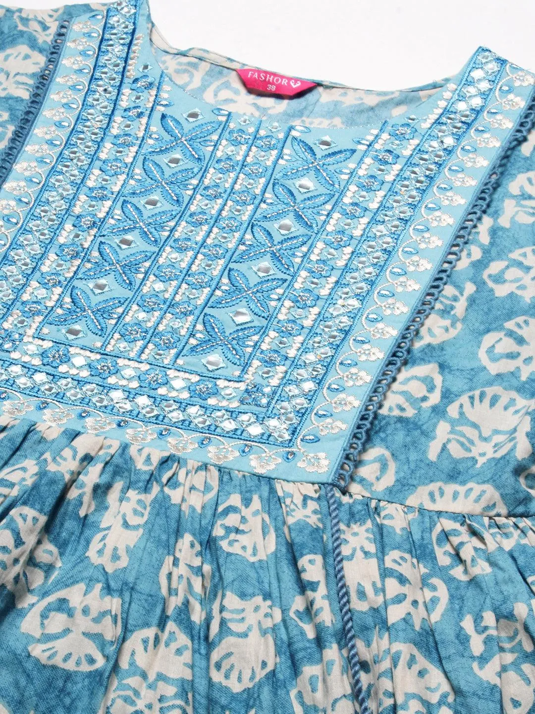 Abstract Printed Resham Embroidered High Slit Kurta With Pants & Printed Dupatta - Blue