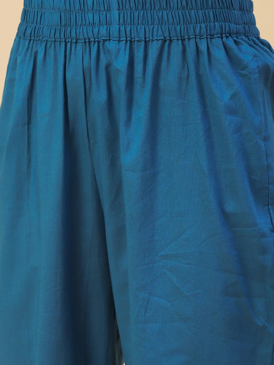 Abstract Printed Resham Embroidered High Slit Kurta With Pants & Printed Dupatta - Blue