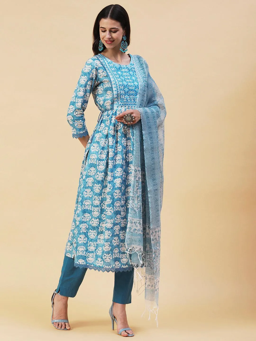 Abstract Printed Resham Embroidered High Slit Kurta With Pants & Printed Dupatta - Blue