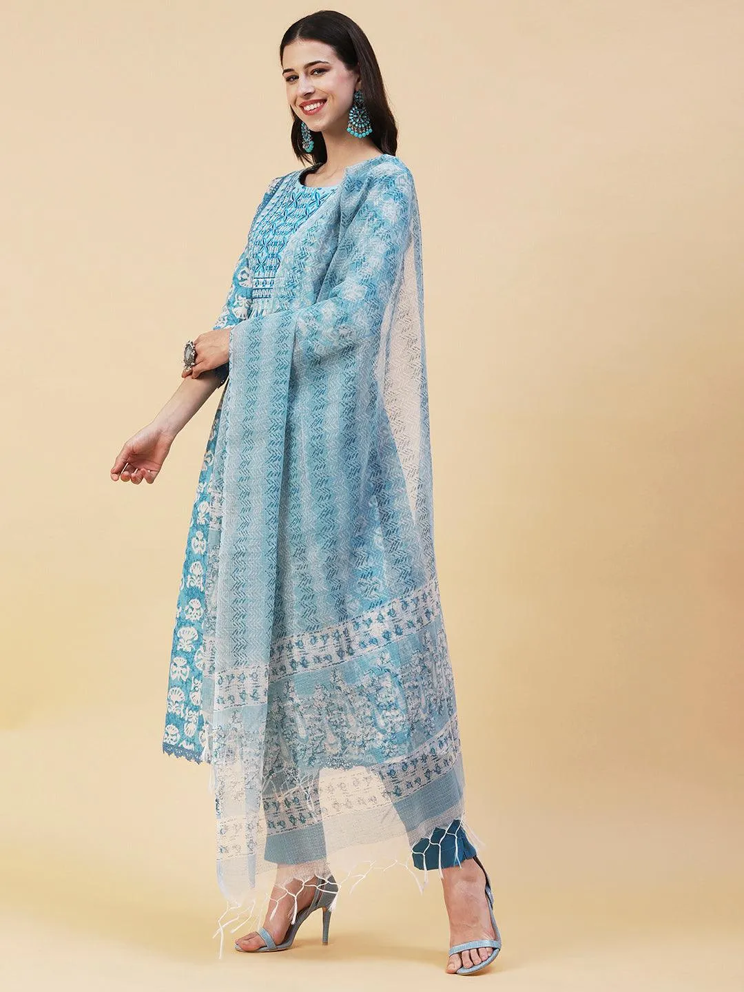 Abstract Printed Resham Embroidered High Slit Kurta With Pants & Printed Dupatta - Blue