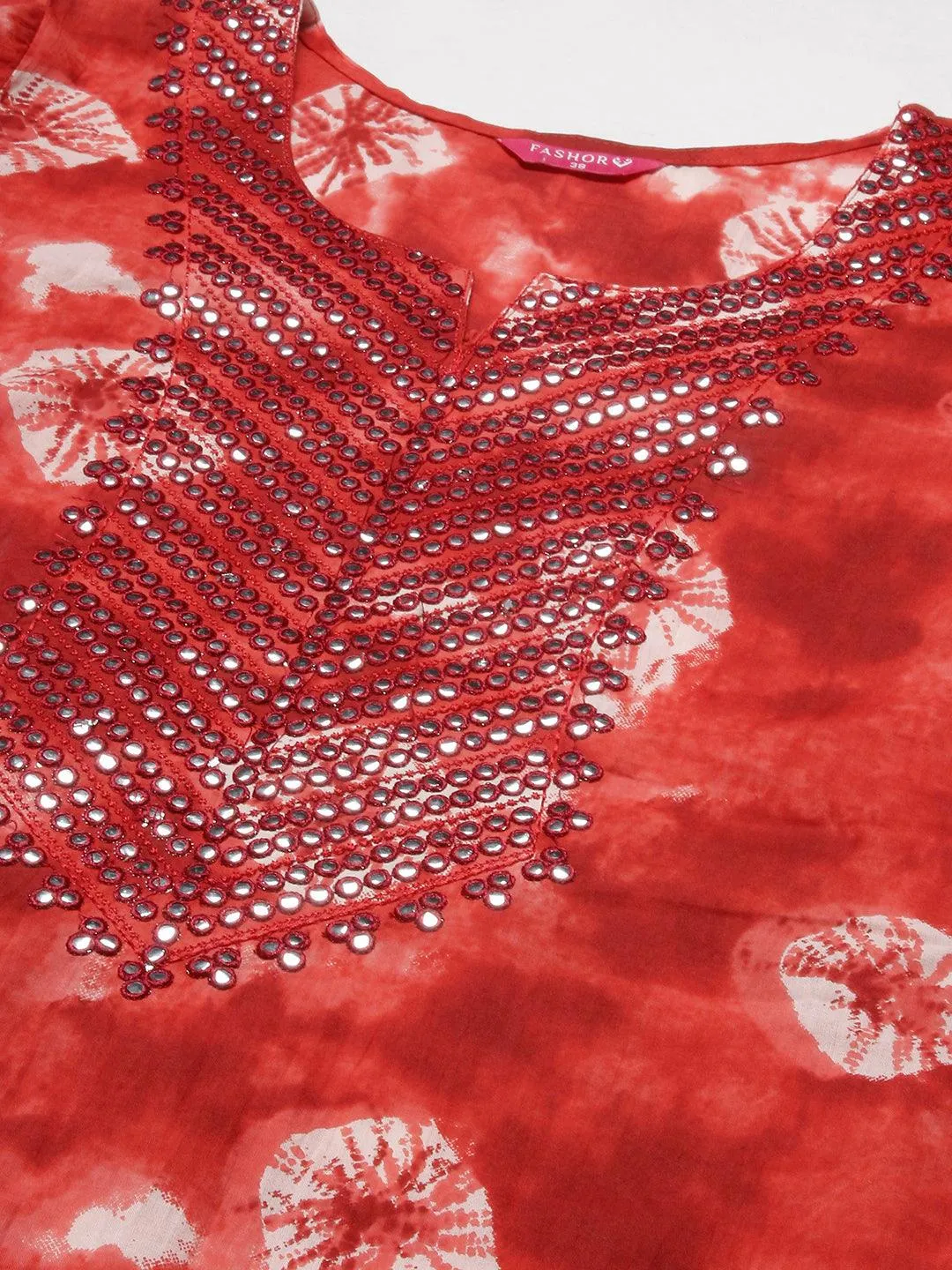 Abstract Tie-Dye Texture Printed Mirror & Resham Embroidered Kurta With Pants - Red