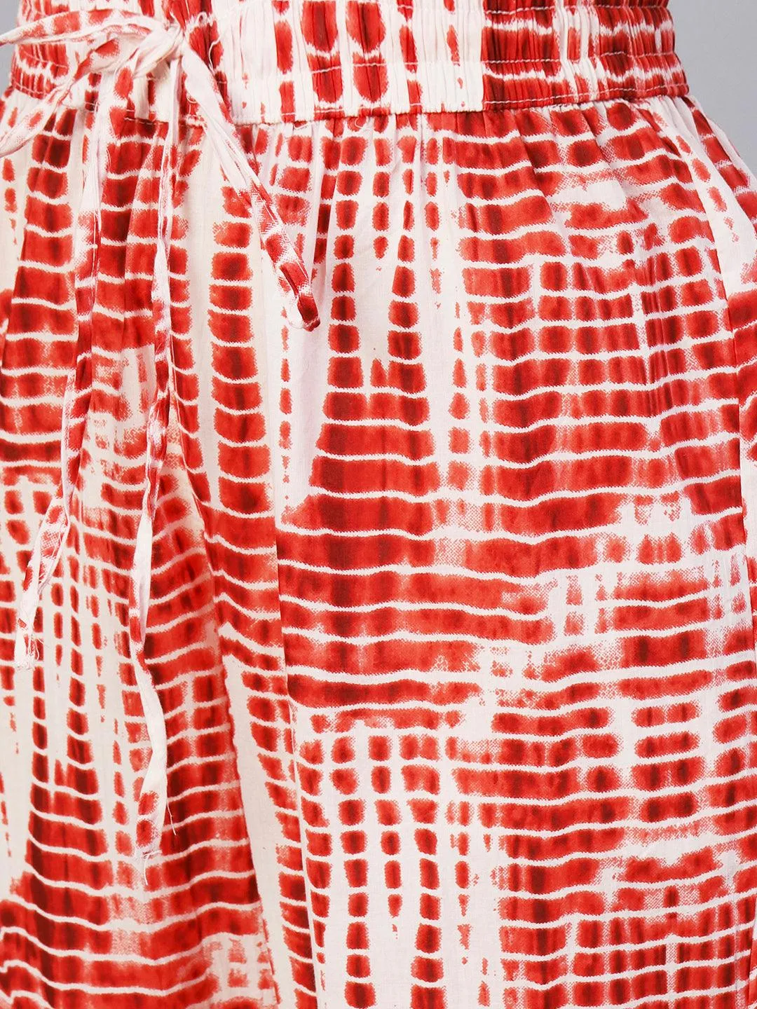 Abstract Tie-Dye Texture Printed Mirror & Resham Embroidered Kurta With Pants - Red