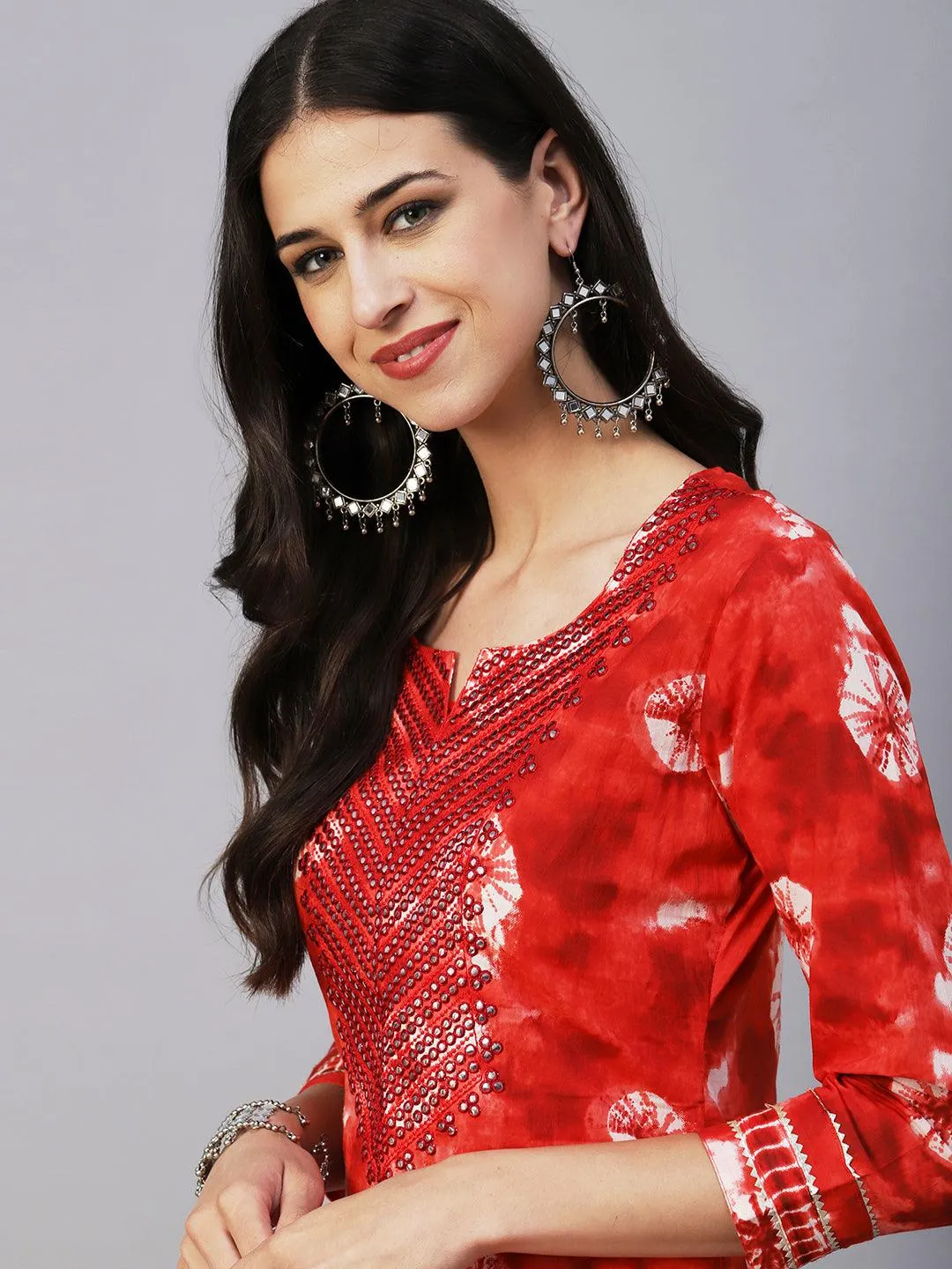 Abstract Tie-Dye Texture Printed Mirror & Resham Embroidered Kurta With Pants - Red