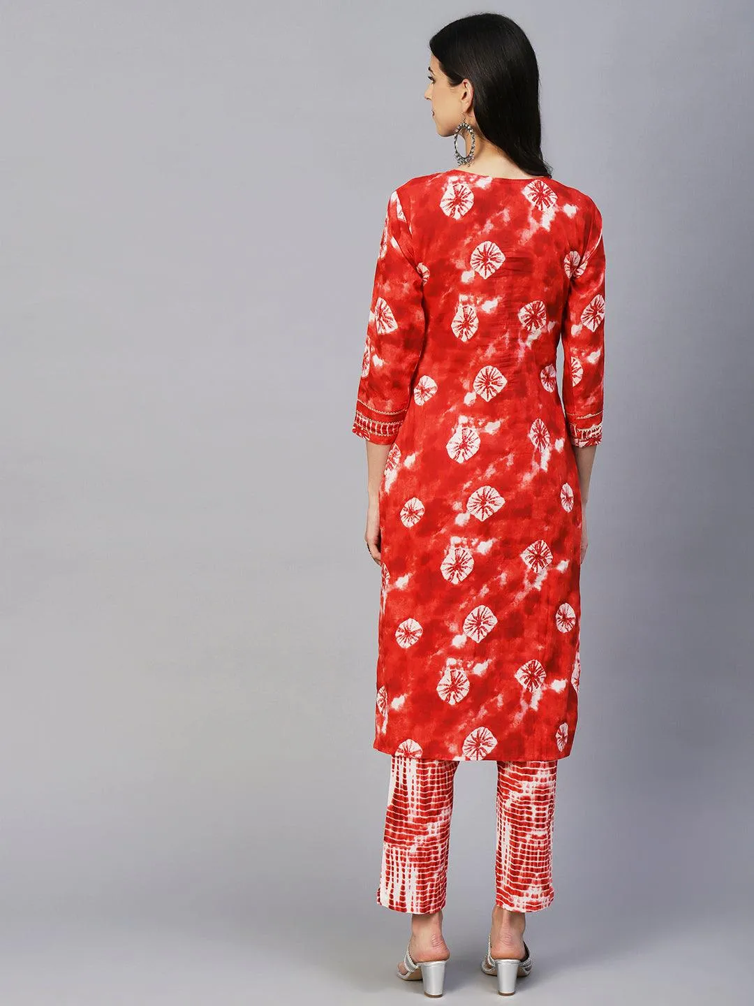 Abstract Tie-Dye Texture Printed Mirror & Resham Embroidered Kurta With Pants - Red