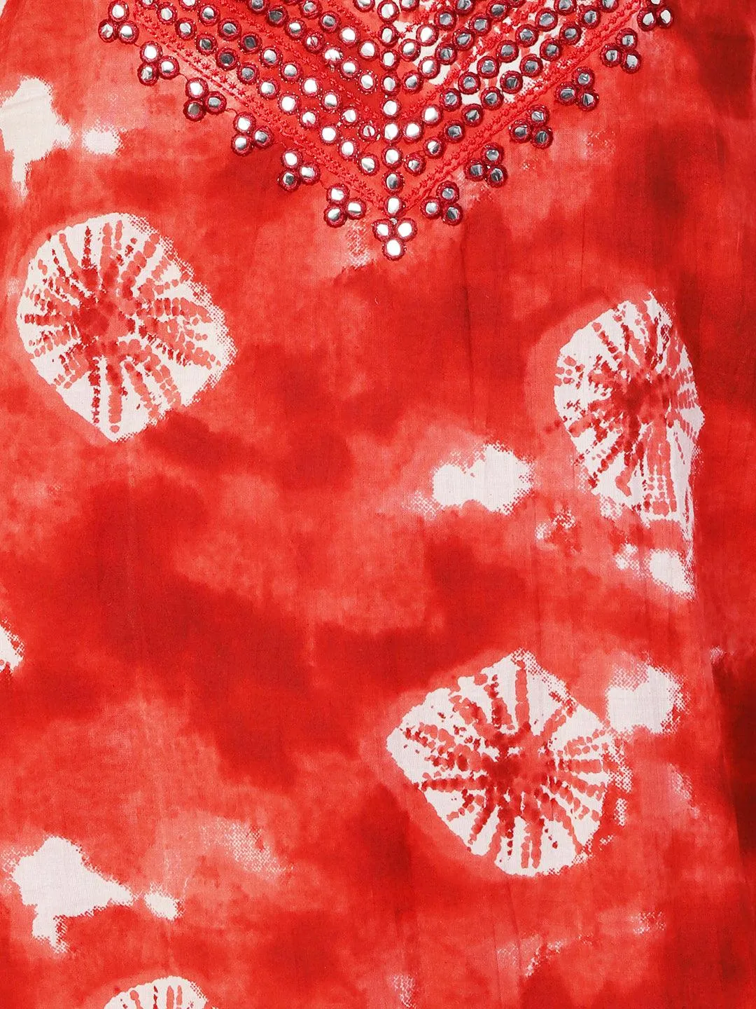 Abstract Tie-Dye Texture Printed Mirror & Resham Embroidered Kurta With Pants - Red