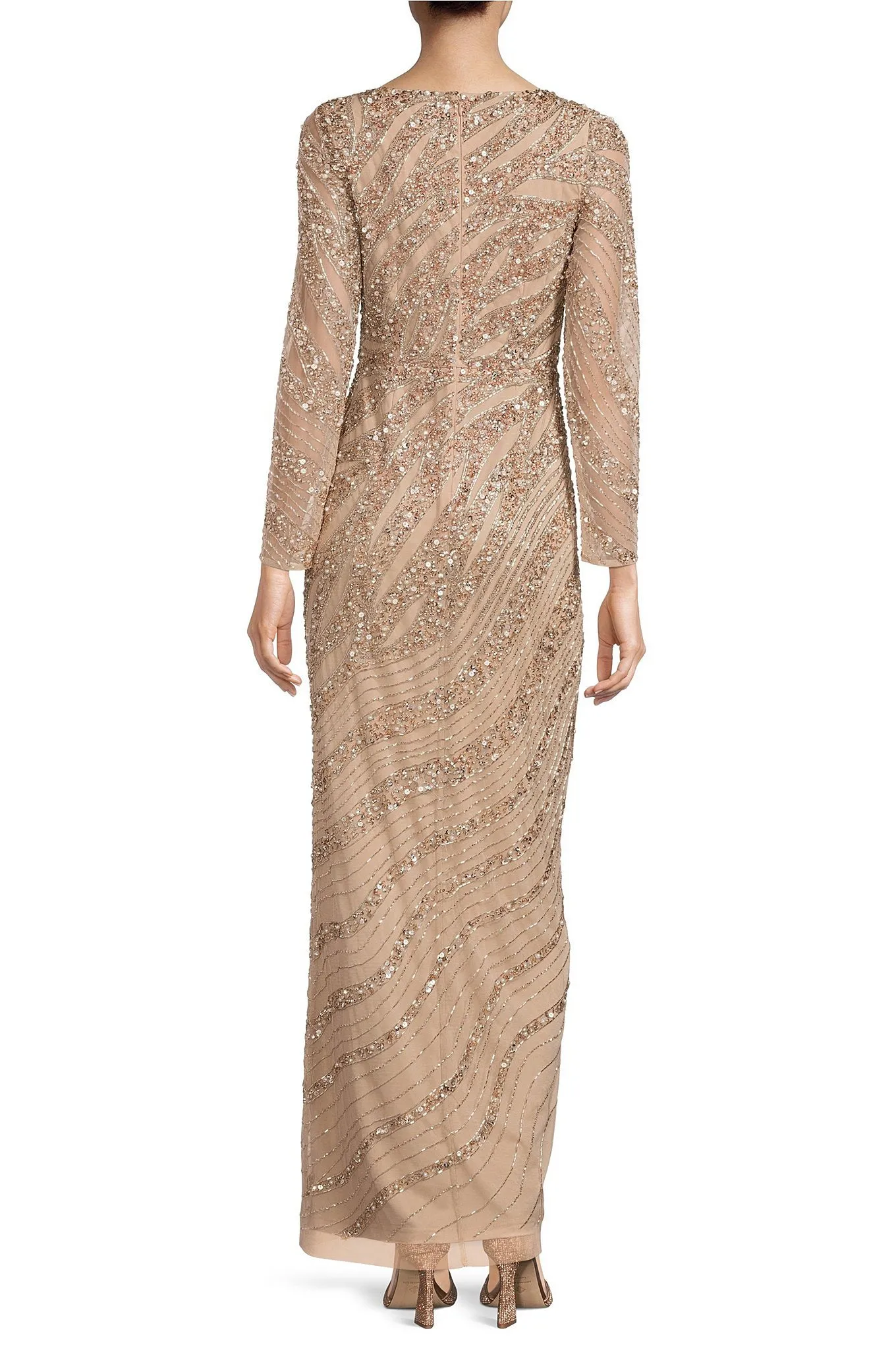 Aidan Mattox Beaded Neck Long Sleeve Illusion Slit Front Embellished Mesh Gown