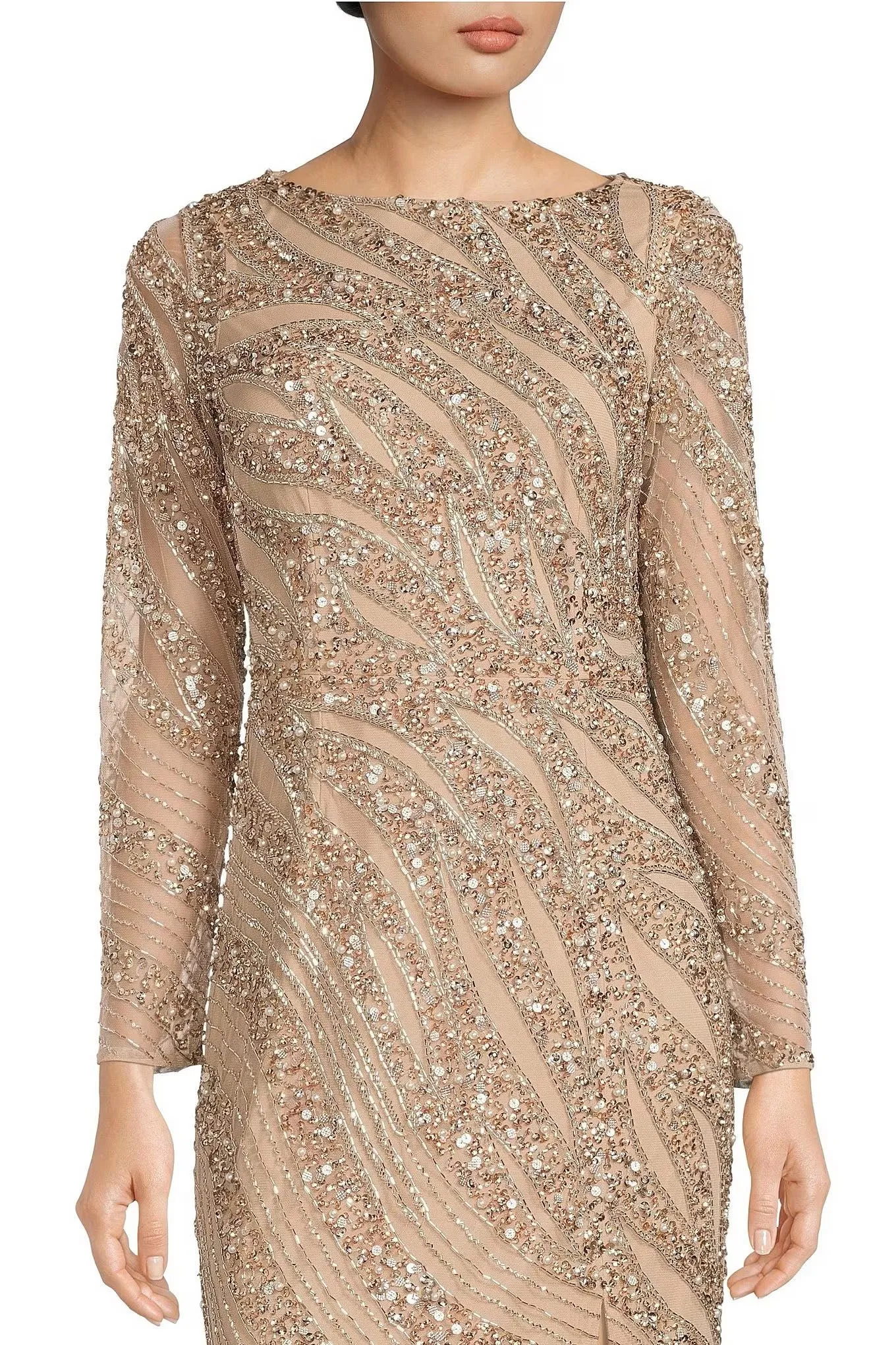 Aidan Mattox Beaded Neck Long Sleeve Illusion Slit Front Embellished Mesh Gown