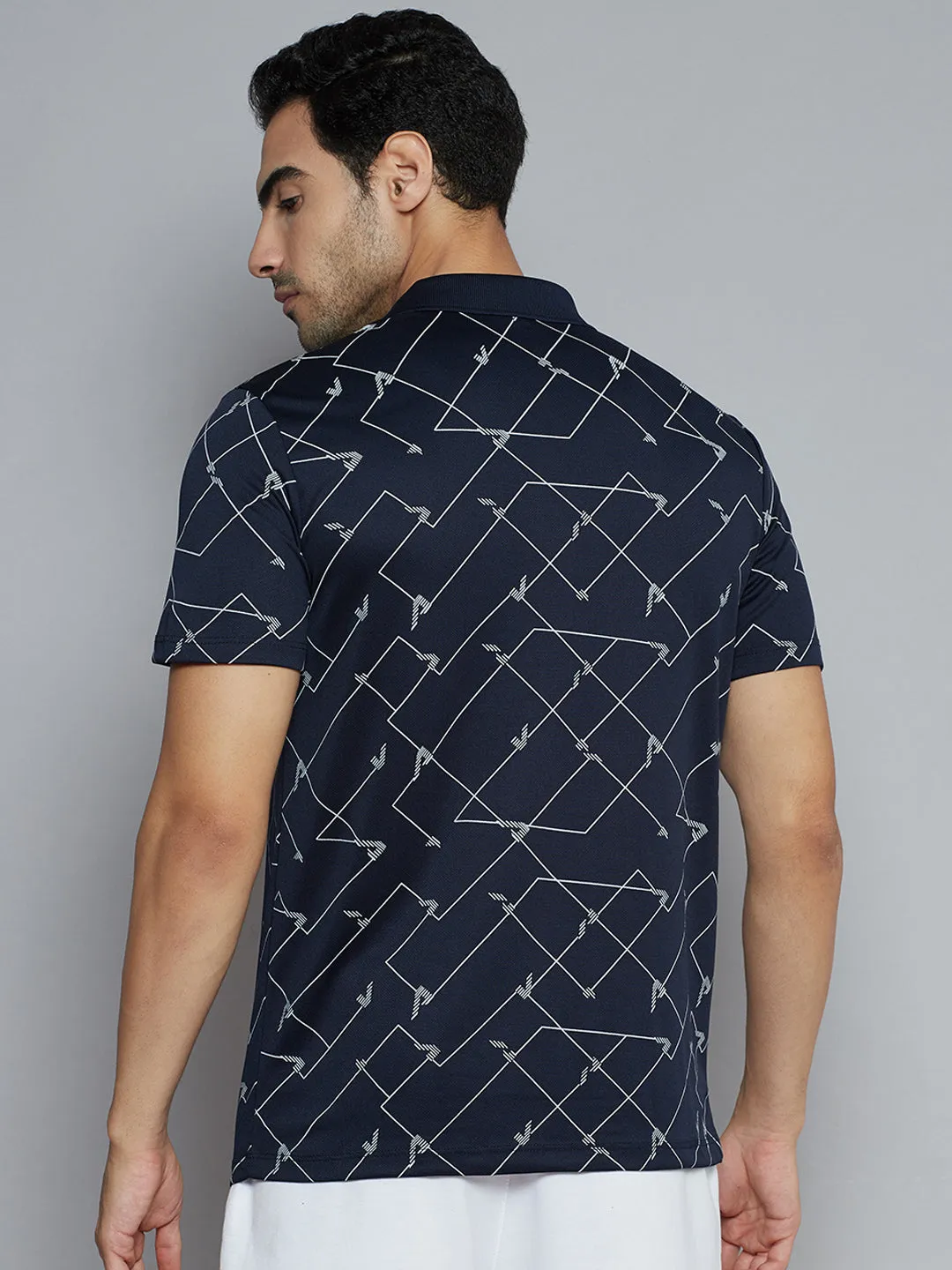 Alcis Men Navy Blue Abstract Printed Polo Collar Slim Fit T-shirt