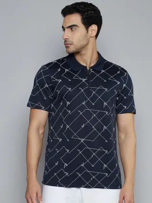 Alcis Men Navy Blue Abstract Printed Polo Collar Slim Fit T-shirt