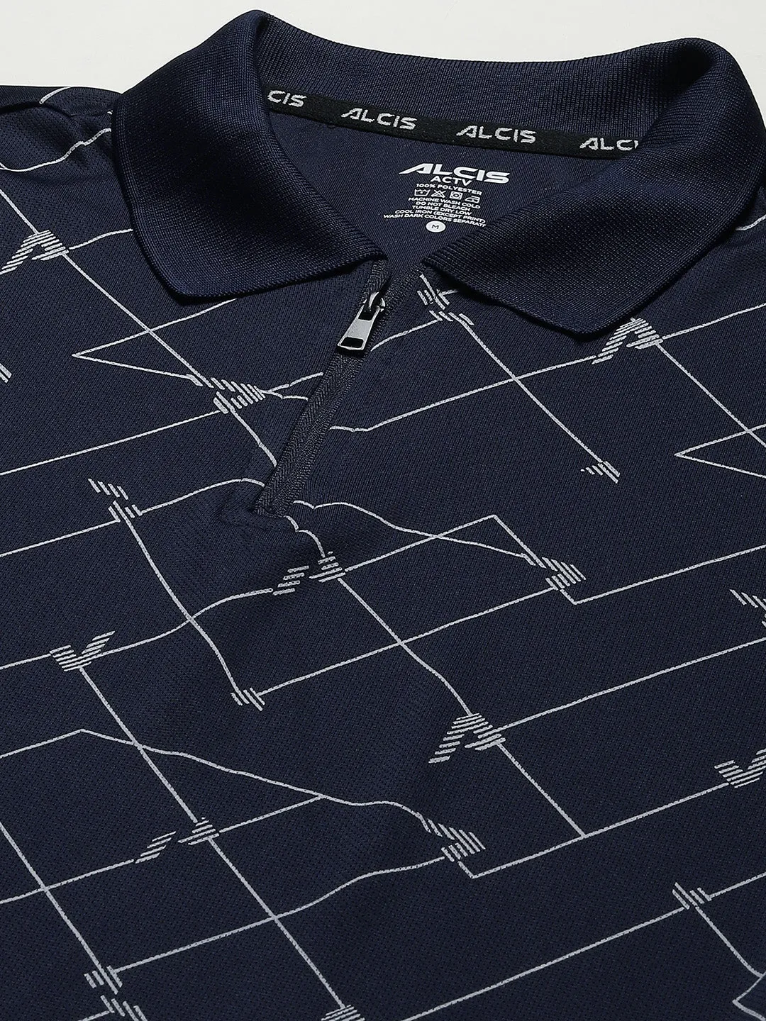 Alcis Men Navy Blue Abstract Printed Polo Collar Slim Fit T-shirt
