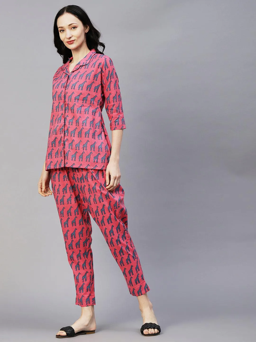 Animal Printed Shirt With Matching Pants Lounge Wear Set - Pink