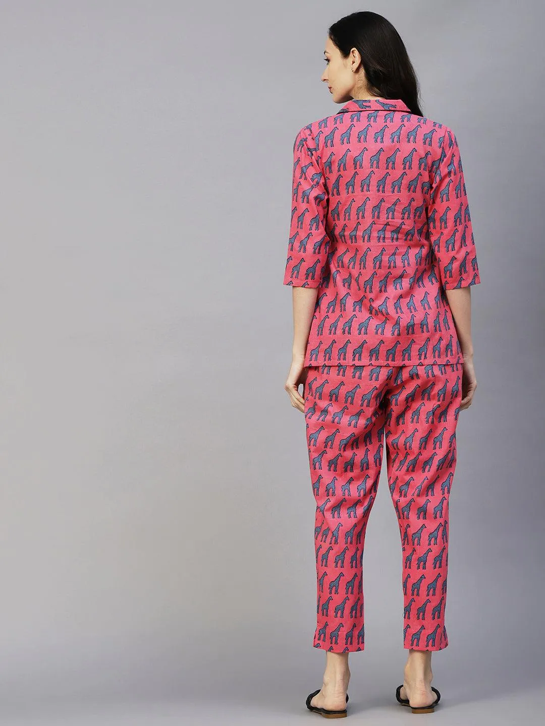 Animal Printed Shirt With Matching Pants Lounge Wear Set - Pink