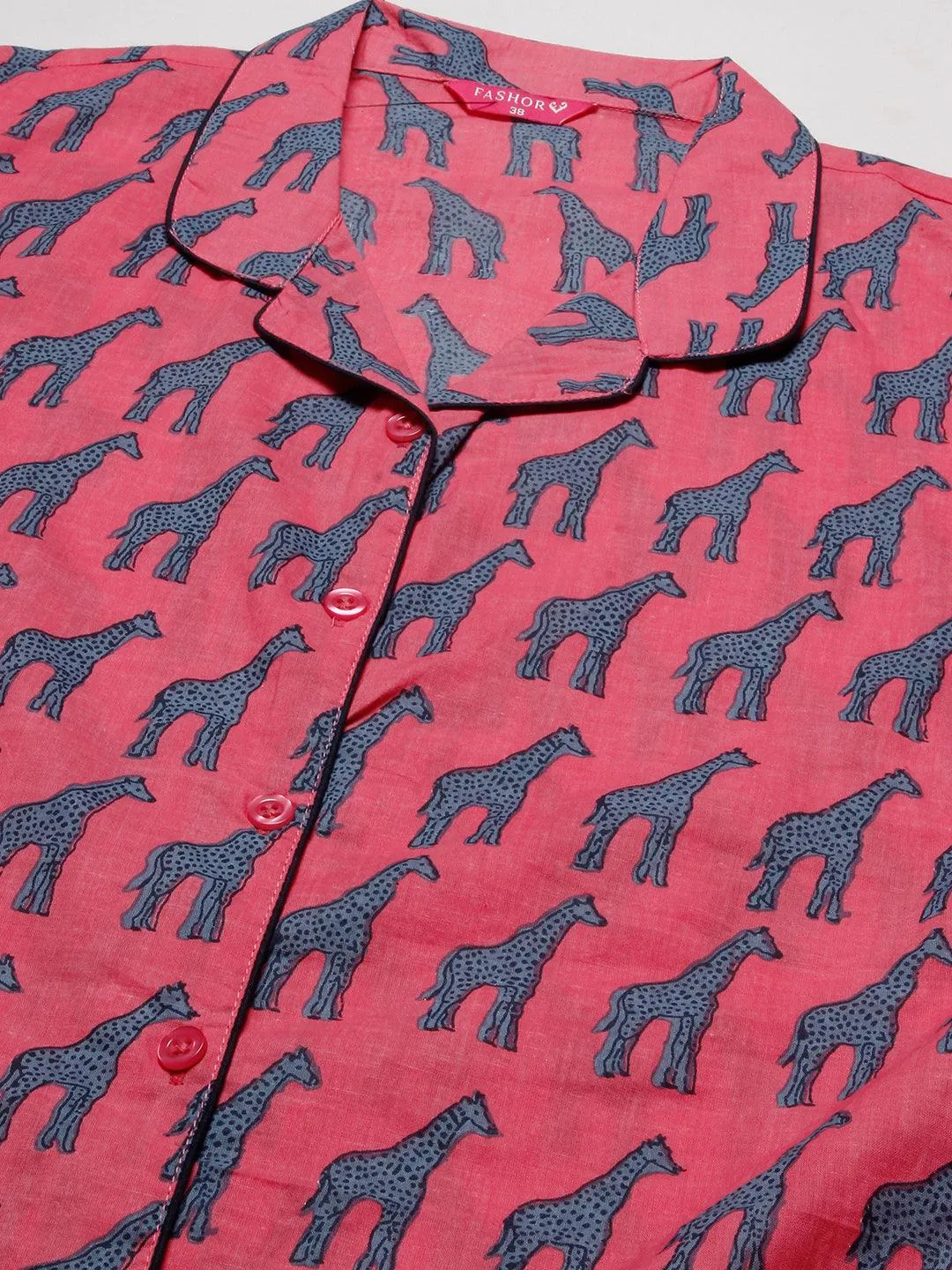 Animal Printed Shirt With Matching Pants Lounge Wear Set - Pink
