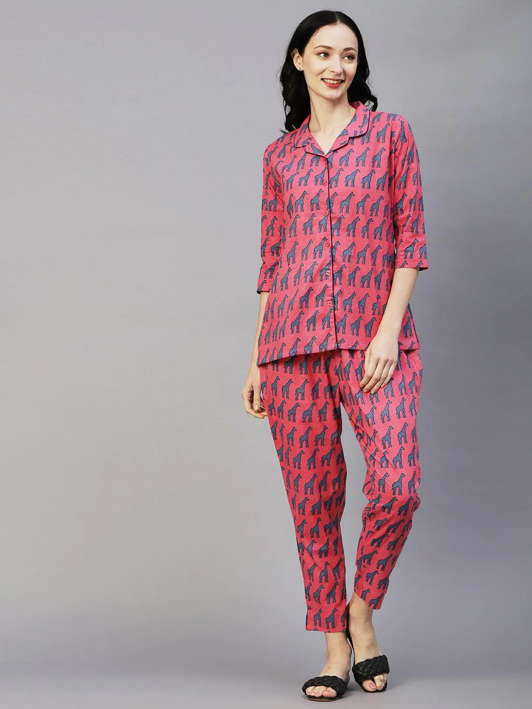 Animal Printed Shirt With Matching Pants Lounge Wear Set - Pink
