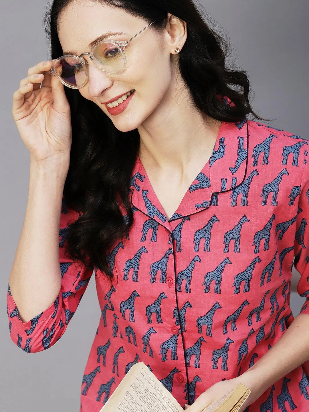 Animal Printed Shirt With Matching Pants Lounge Wear Set - Pink