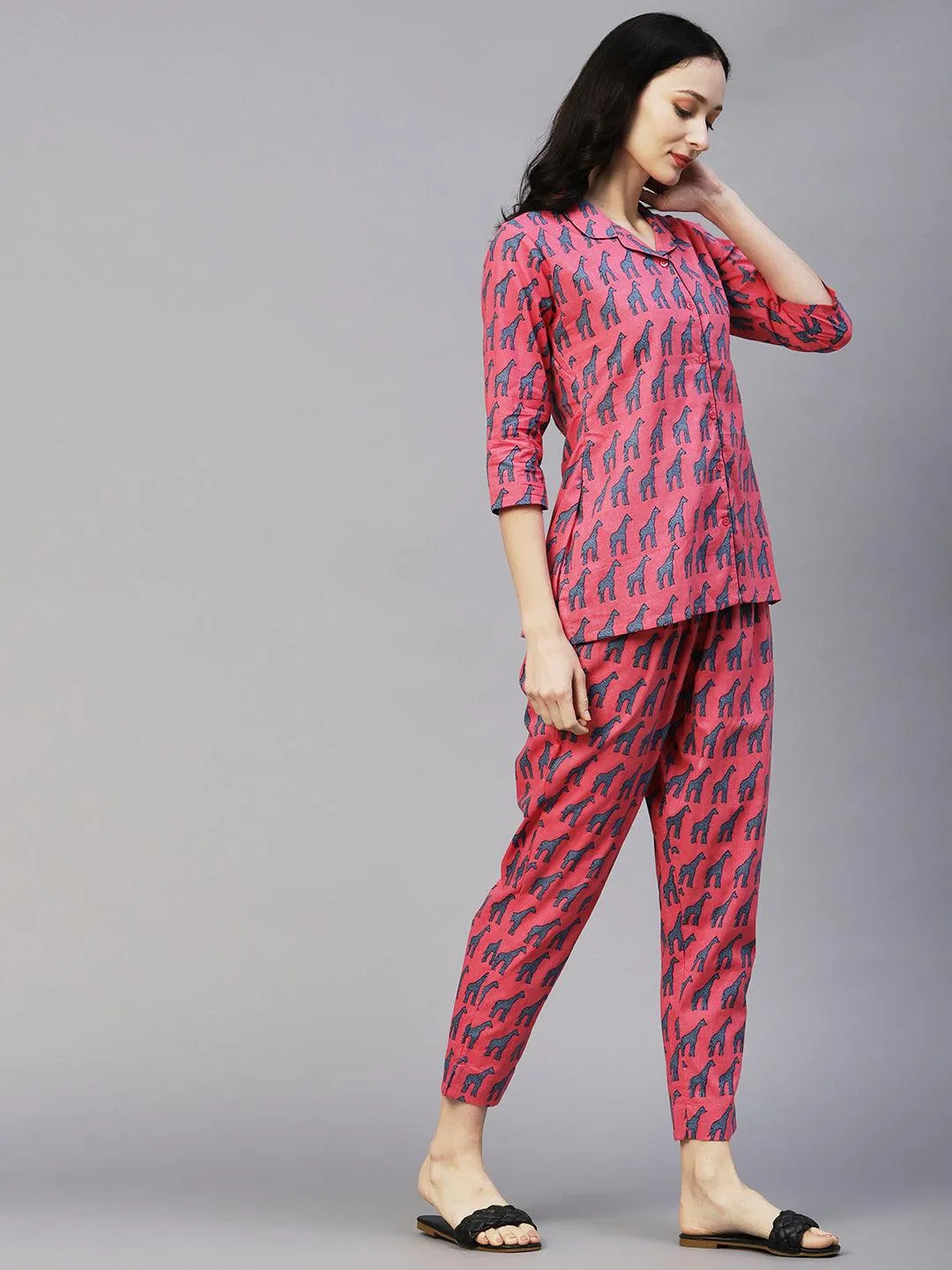 Animal Printed Shirt With Matching Pants Lounge Wear Set - Pink