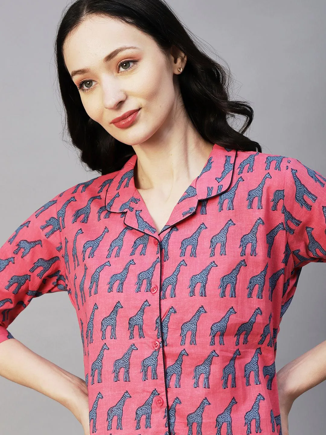 Animal Printed Shirt With Matching Pants Lounge Wear Set - Pink