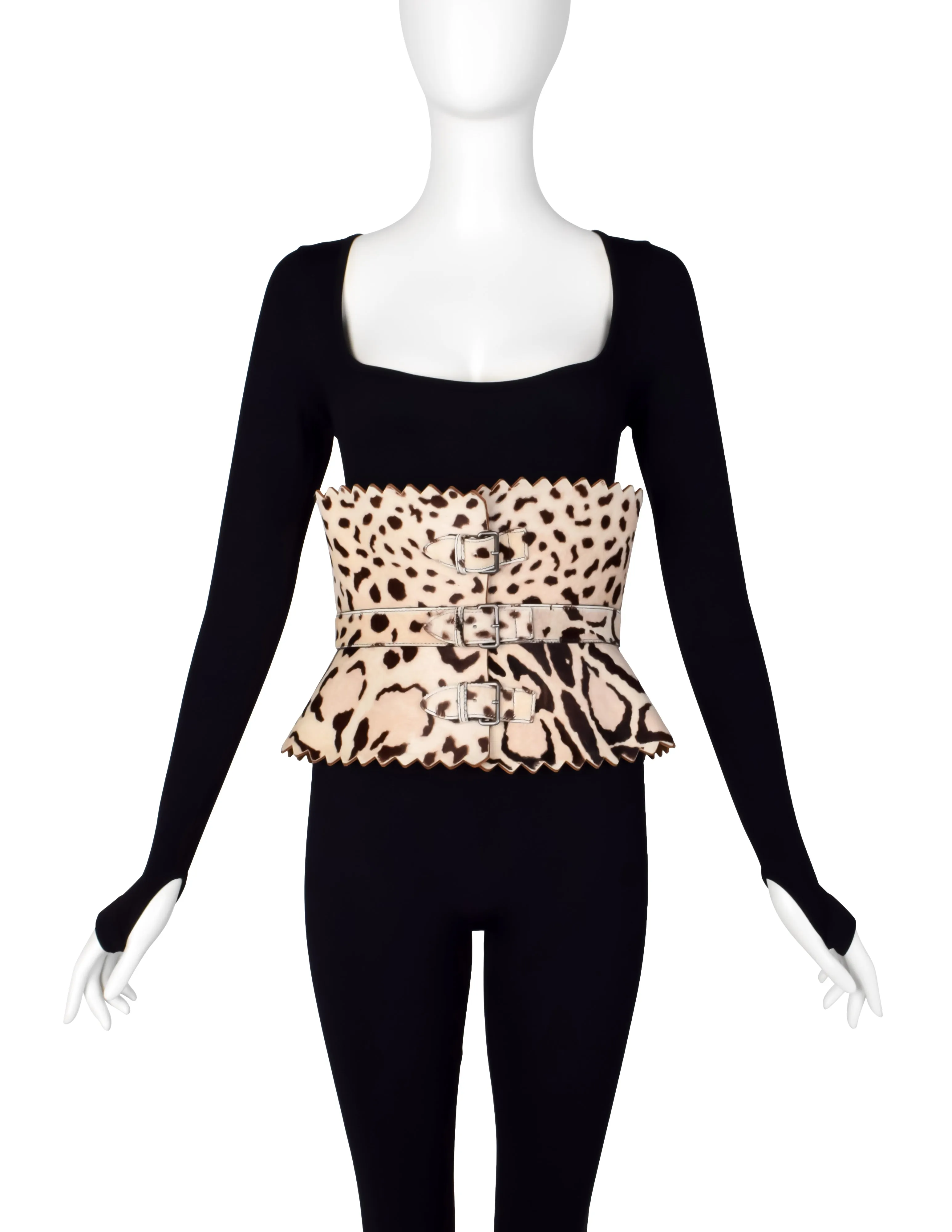 Azzedine Alaia Vintage Ultra Wide Leopard Painted Pony Hair Sculpted Belt
