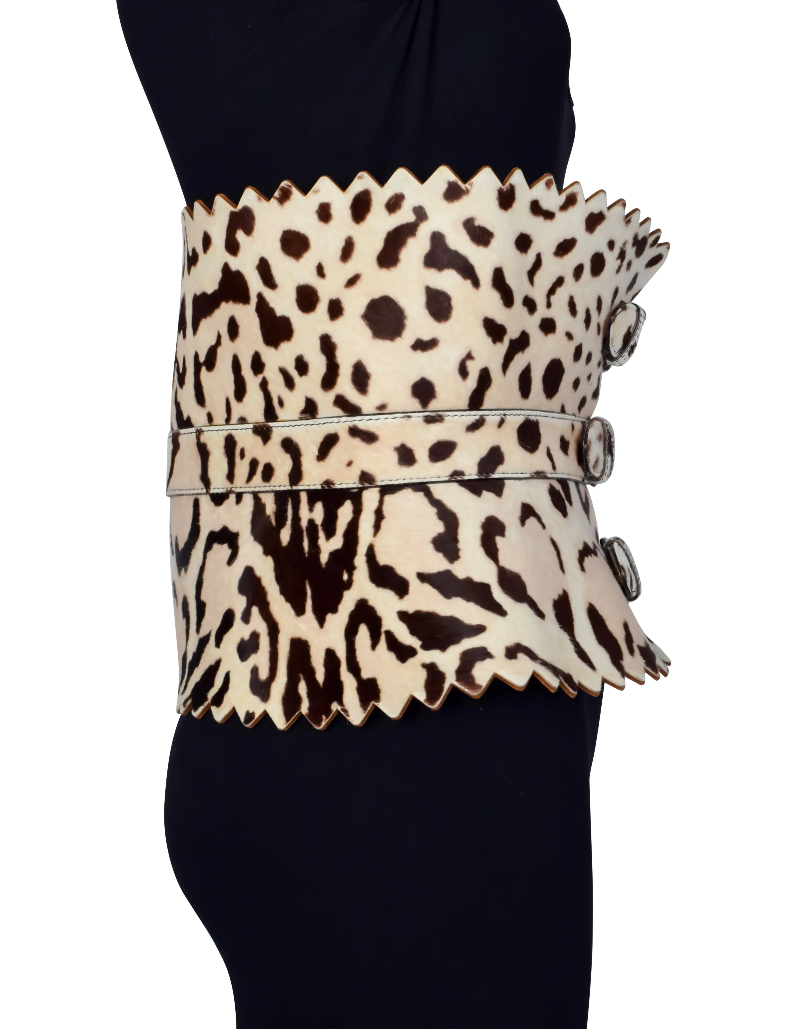 Azzedine Alaia Vintage Ultra Wide Leopard Painted Pony Hair Sculpted Belt