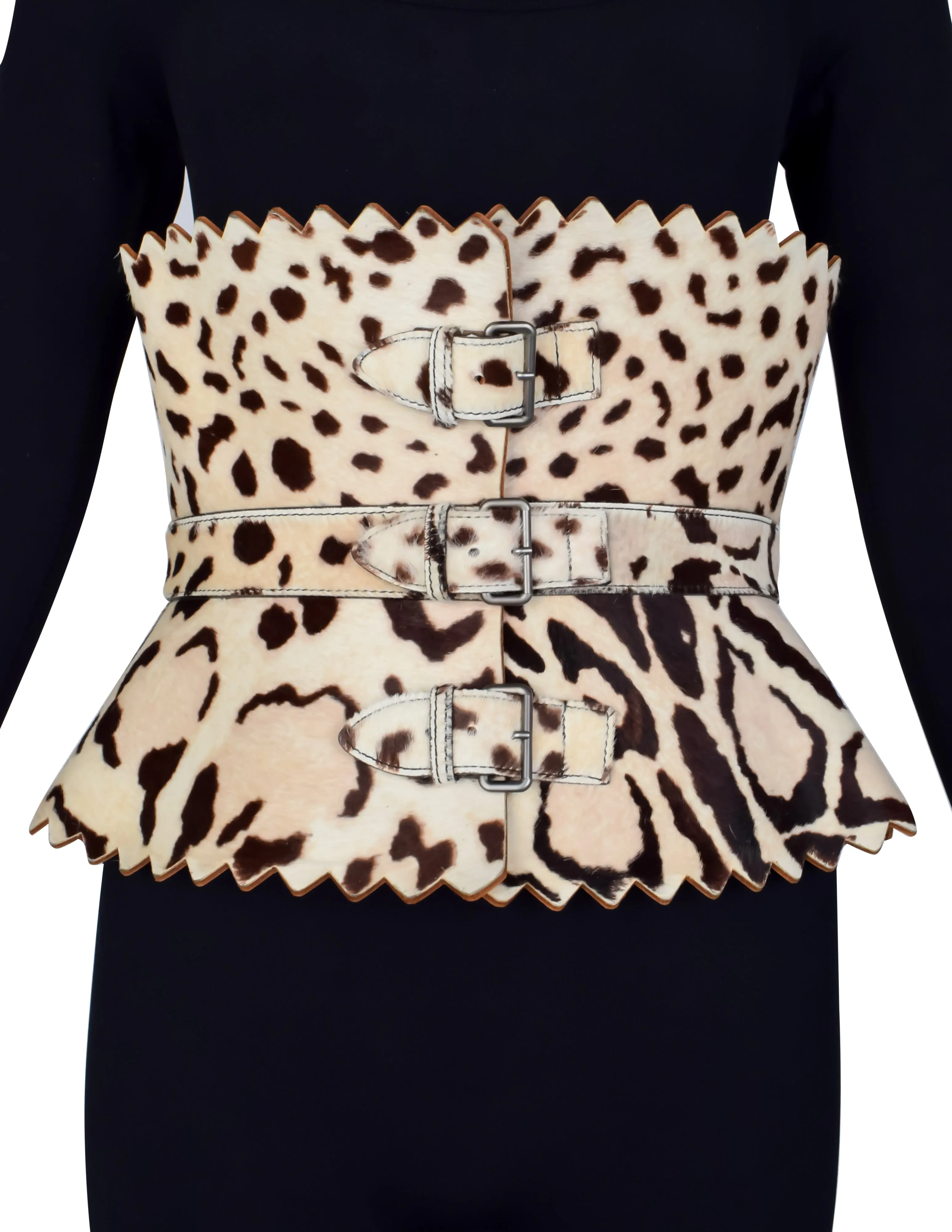 Azzedine Alaia Vintage Ultra Wide Leopard Painted Pony Hair Sculpted Belt