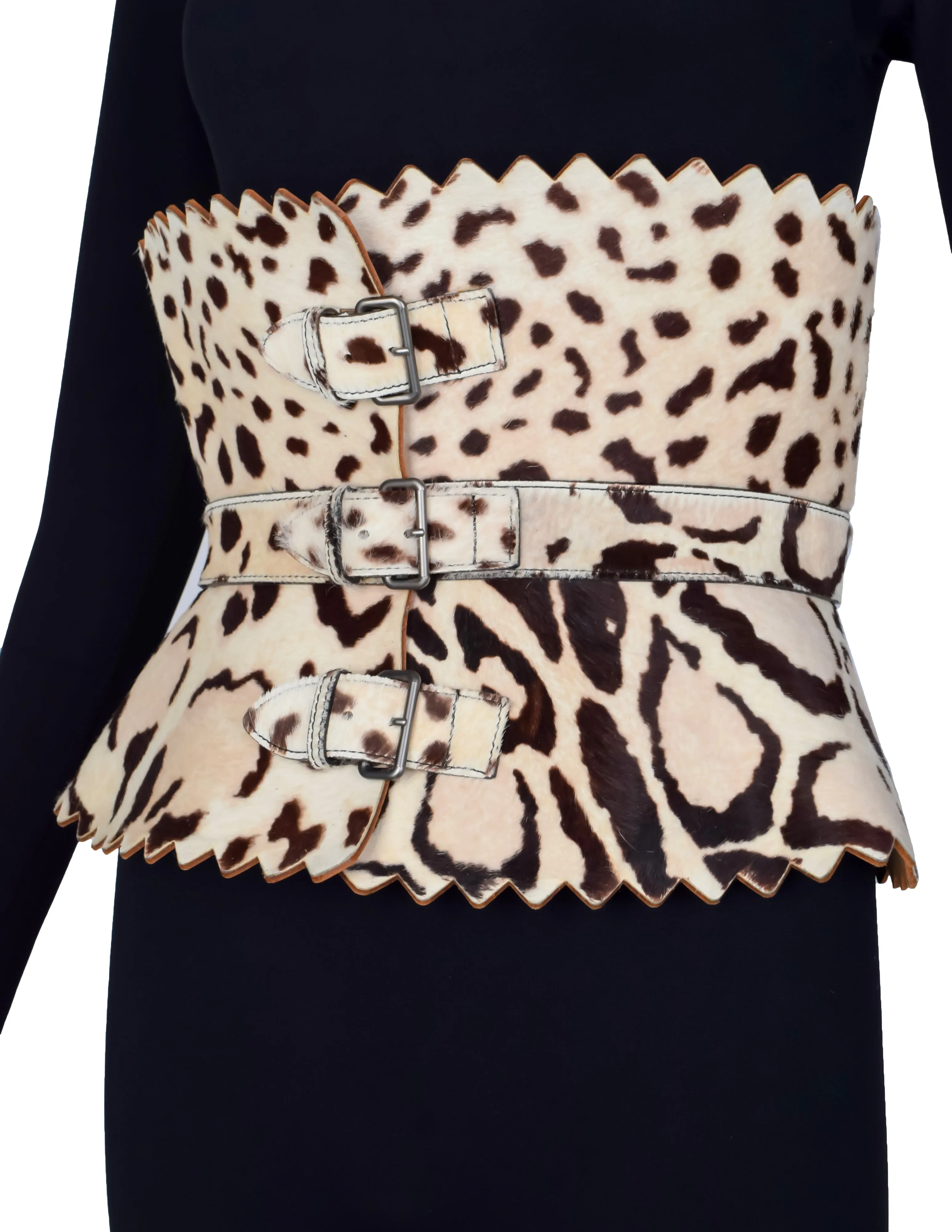 Azzedine Alaia Vintage Ultra Wide Leopard Painted Pony Hair Sculpted Belt