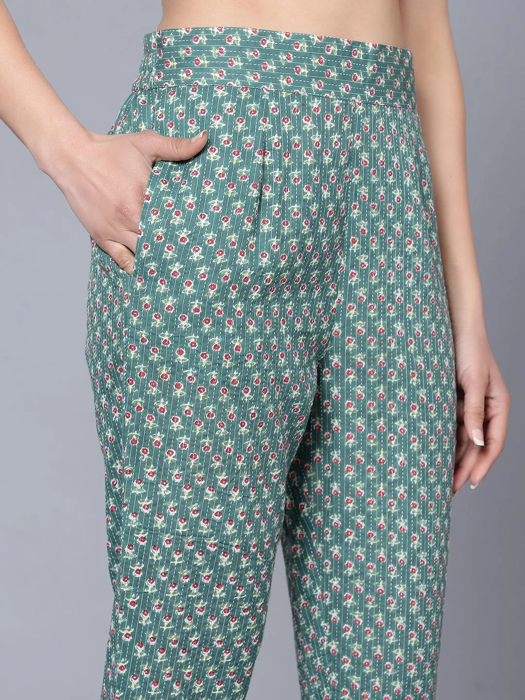 Bani Women Floral Printed Pleated Sequinned Pure Cotton Kurta with Trousers & with Dupatta