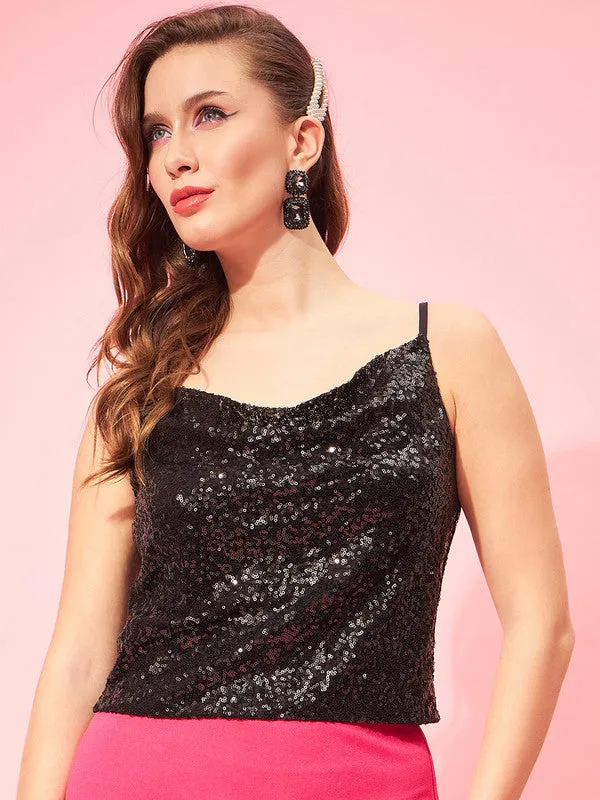 Berrylush Women Solid Black Cowl Neck Sleeveless Sequin Embellished Regular Cami Top