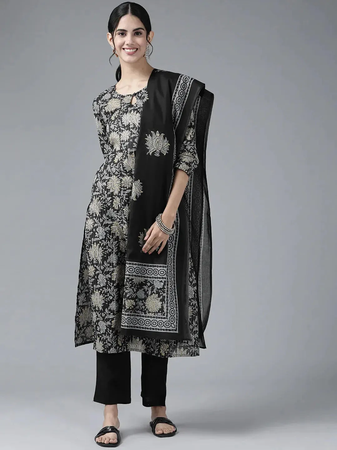 Black & Grey Floral Printed Dupatta Set