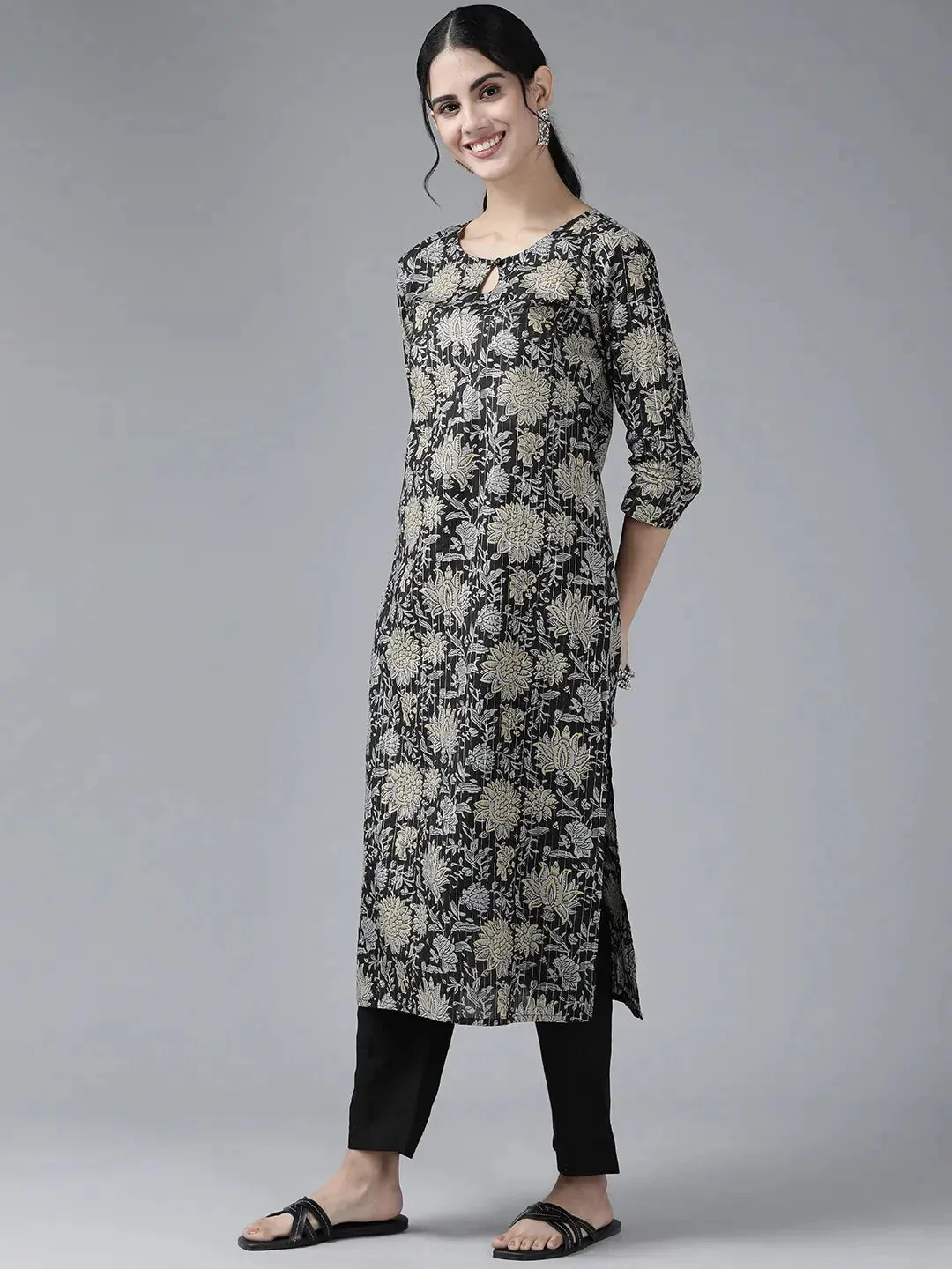 Black & Grey Floral Printed Dupatta Set