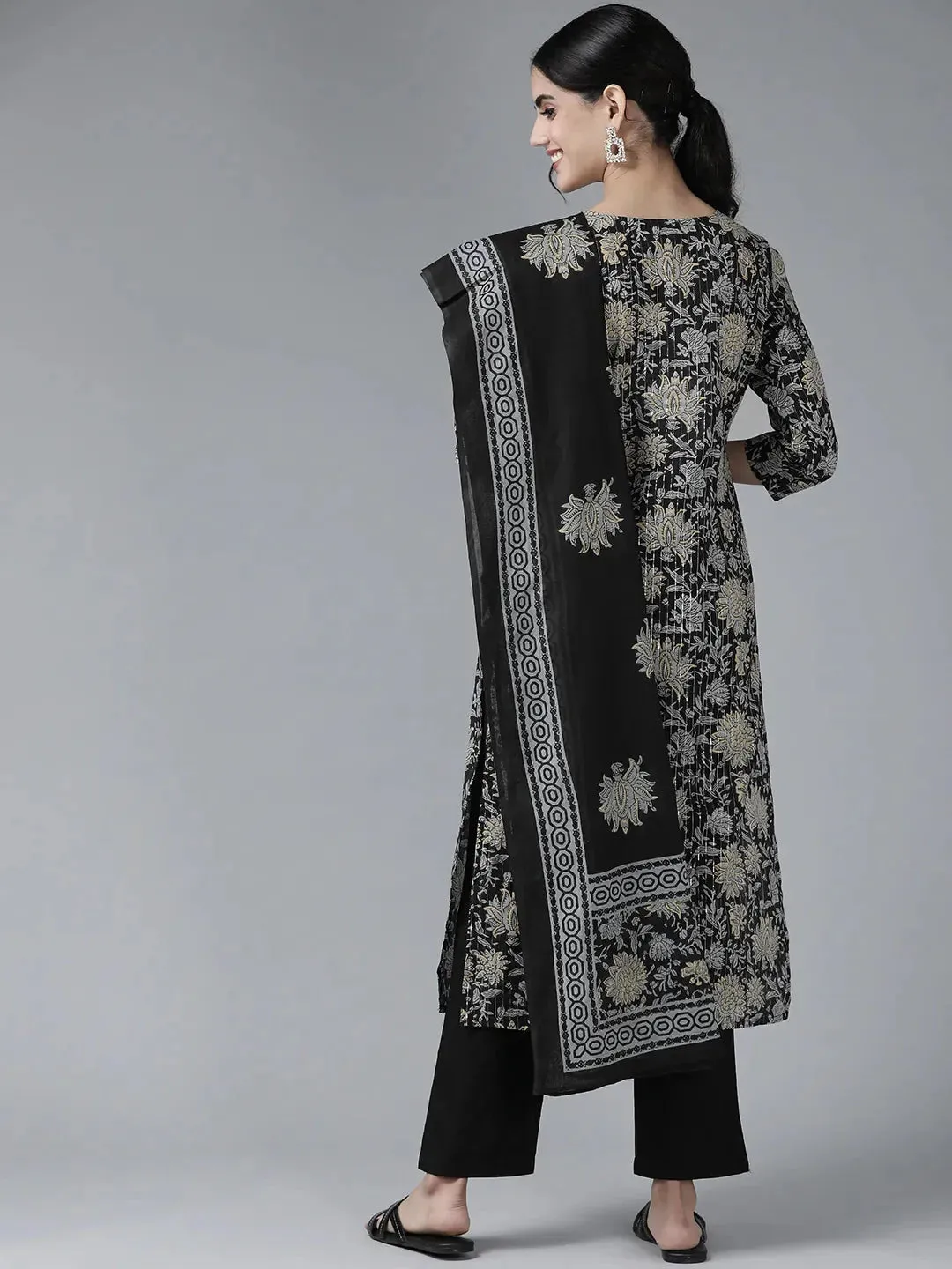 Black & Grey Floral Printed Dupatta Set