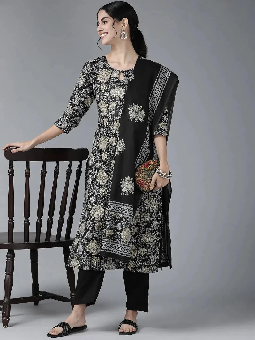 Black & Grey Floral Printed Dupatta Set