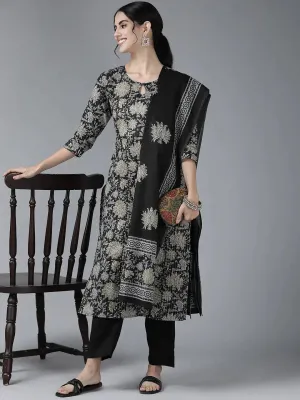 Black & Grey Floral Printed Dupatta Set
