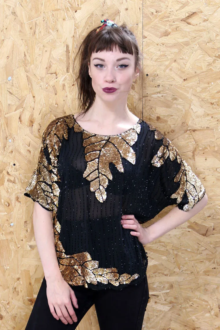 Black and Gold Beaded Mesh Top