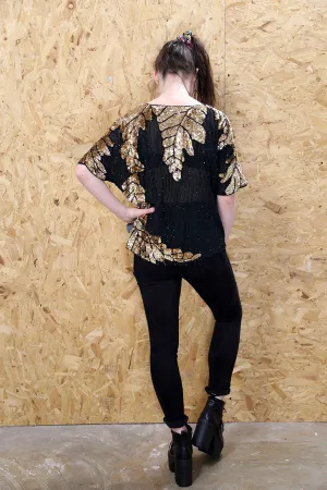Black and Gold Beaded Mesh Top