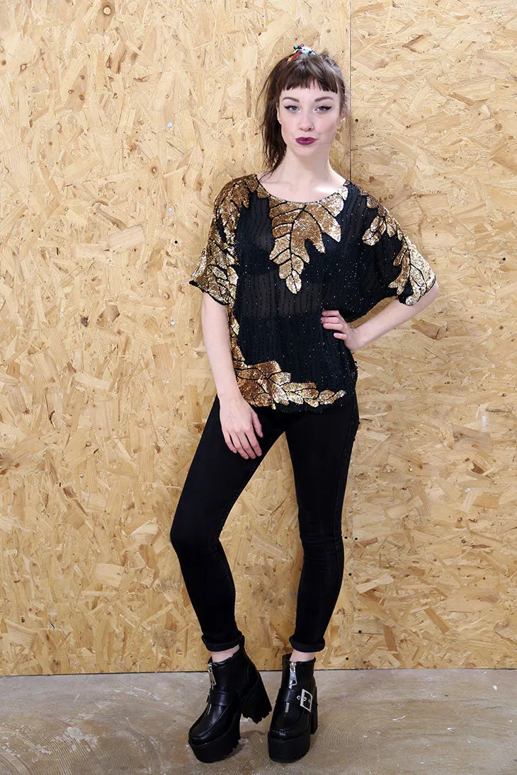 Black and Gold Beaded Mesh Top