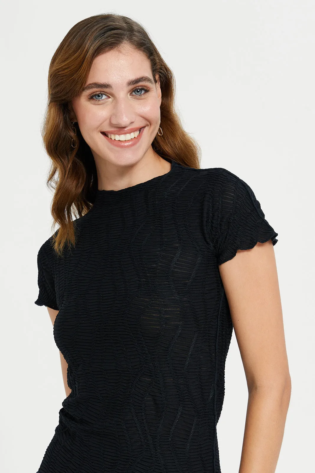 Black Textured Jersey Top